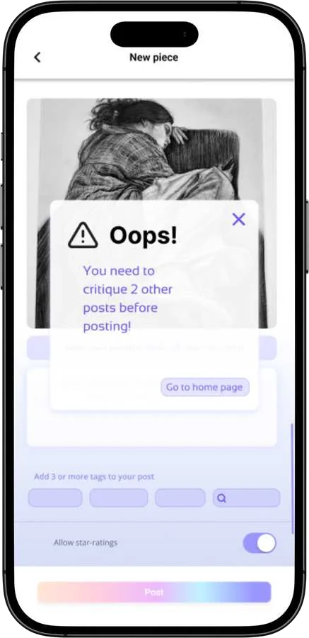 A concept screen for CritMe 2.0 telling a user they need to critique two other posts before posting.