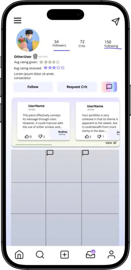 A concept profile screen for CritMe 2.0 with Follow and Request Crit buttons.