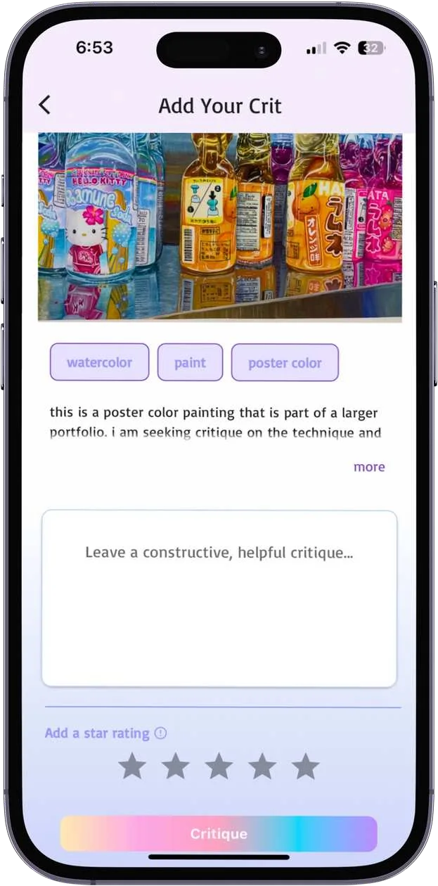 The CritMe screen for adding a critique, showing a painting of ramune bottles, its tags, a text box for the critique, and a five-star rating.