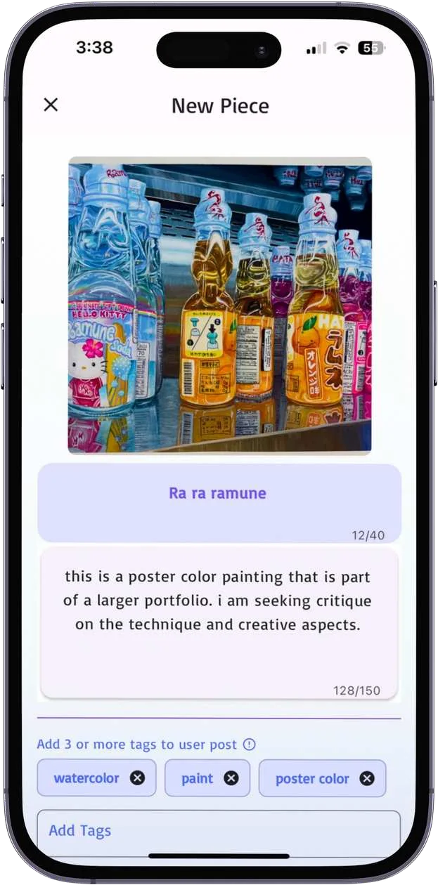 The CritMe new piece screen, with a painting, a title field, a description field, and tags.