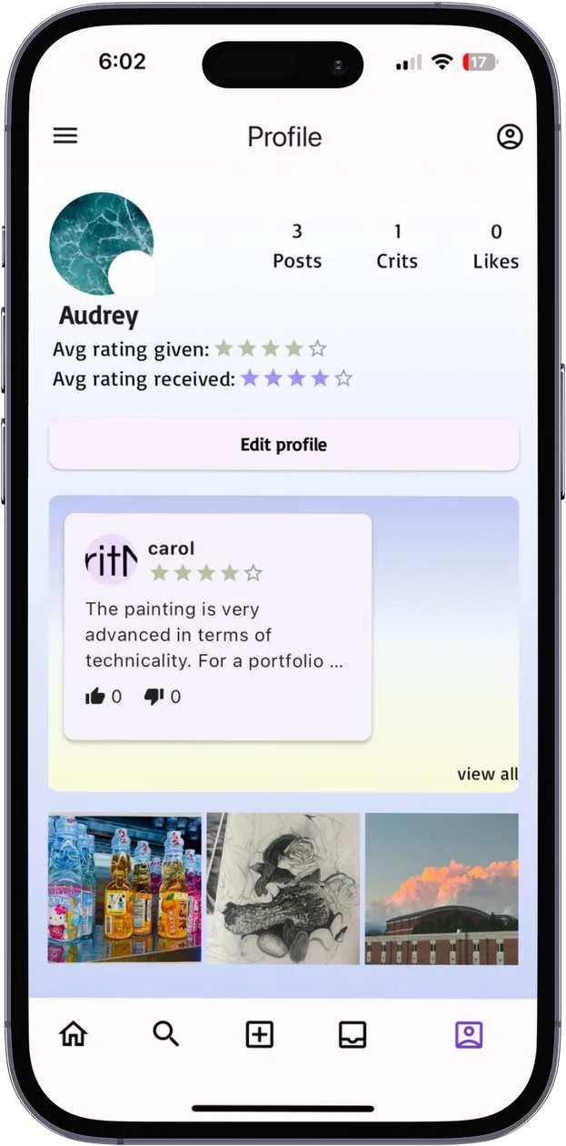 A CritMe profile showing post, critique, and like counts, average ratings given and received, a recent critique, and a grid of artwork.